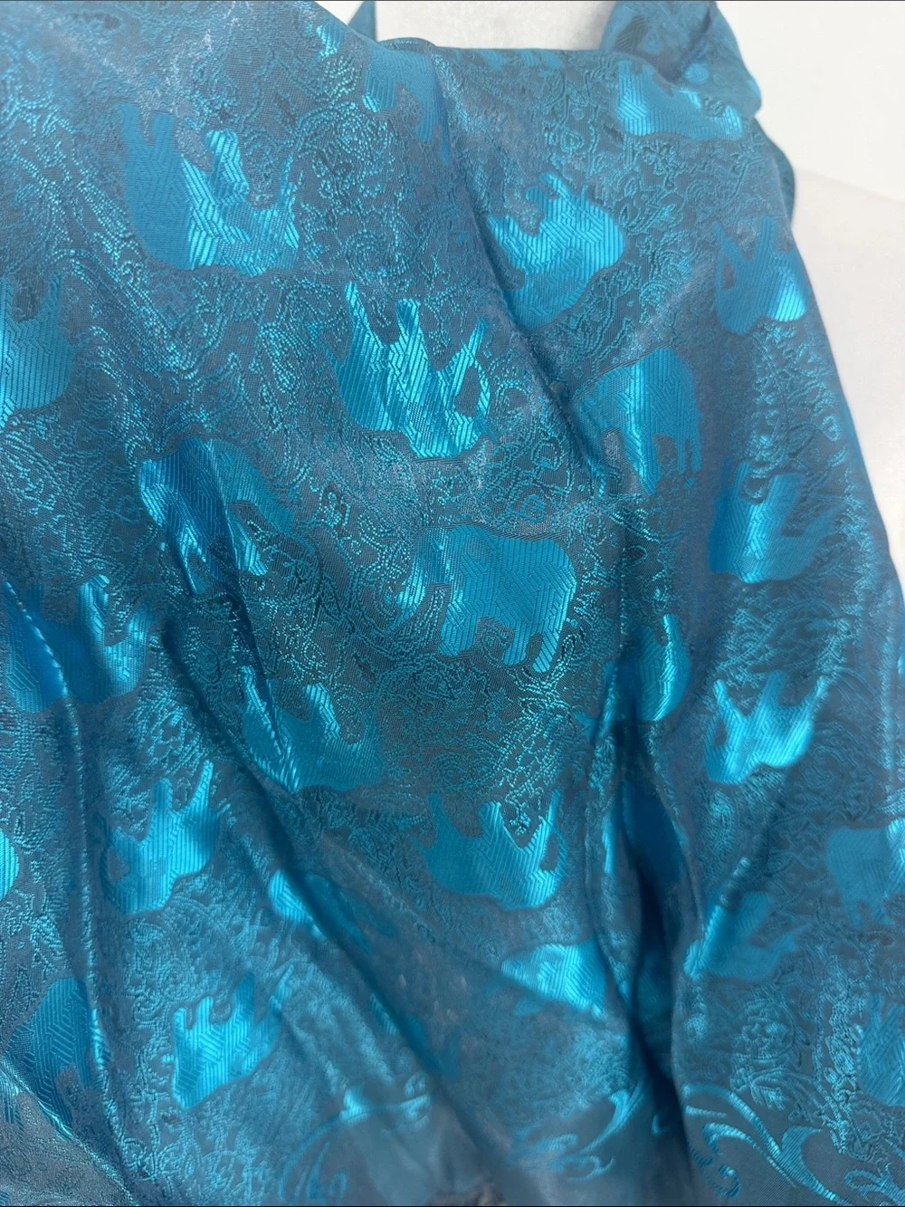 100% Silk Elephant Paisley Jacquard Scarf Shawl Teal Blue Fringe